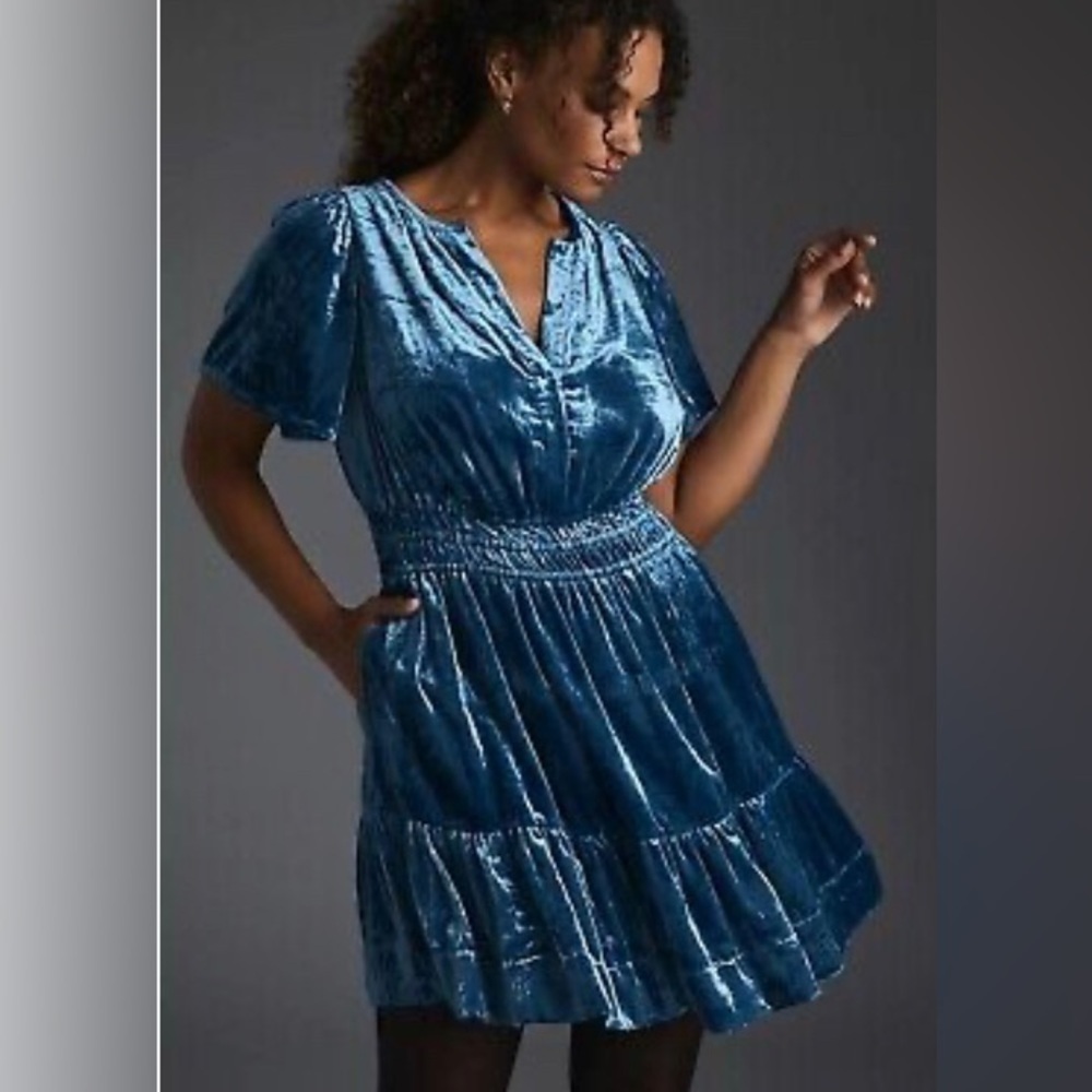 Anthropologie Teal Blue Velvet Mini Dress